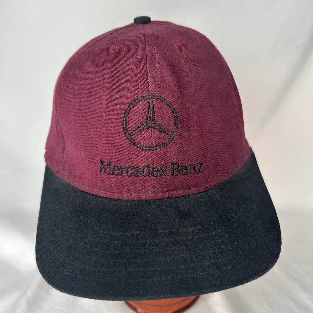 Vintage Mercedes Benz Strap Back Hat Maroon Black Leather Strap Made In USA